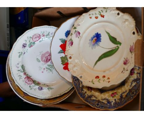 A collection of early pottery plates including 19th century floral plate, Mintons gilded bird plate, Royal Worcester, Shelley