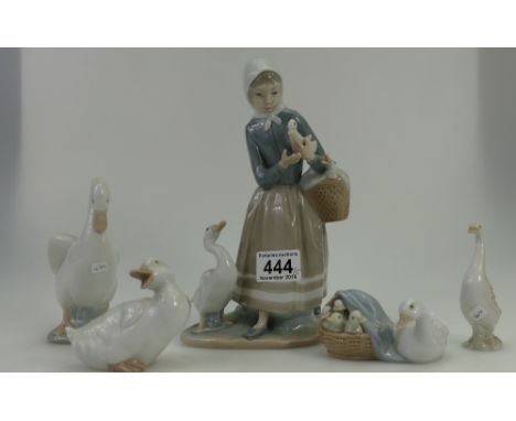 A collection of Lladro figures to include Lady with basket of Geese, Figure of Geese and Duckling together with 3 similar Nao