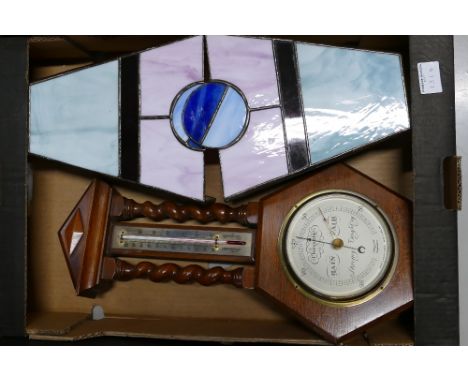 Modern mahogany barometer together with 2 leaded glass wall lights in the Art Deco style.