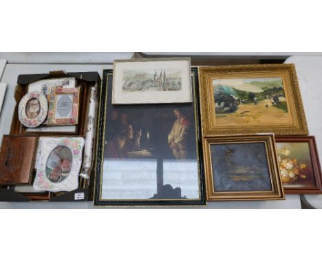 A collection of mixed media artwork including landscape scenes, picture frames, etc. (2 trays)