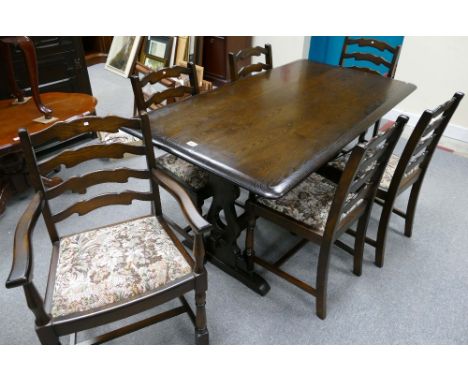 Dark oak refractory dining table and 6 matching ladder back chairs. (7) 