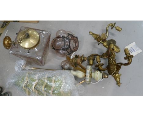 A collection of lighting units to include exterior lights, interior wall sconces and centre light.  (5)
