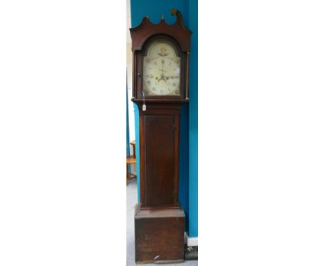 Early 19th Century Mahogany grandfather clock with long door and 12" arched dial painted with sea shells and calendar movemen