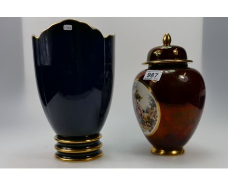 Carltonware late rouge royale ginger jar & cover decorated with panel of 18th century garden scene and Carltonware blue vase,