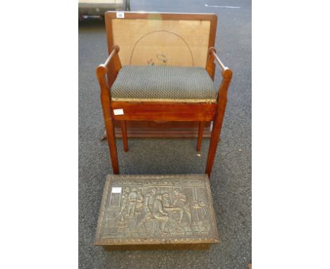 Oak fire screen with embroidered fabric insert, oak piano stool and brass slipper cupboard. (3)