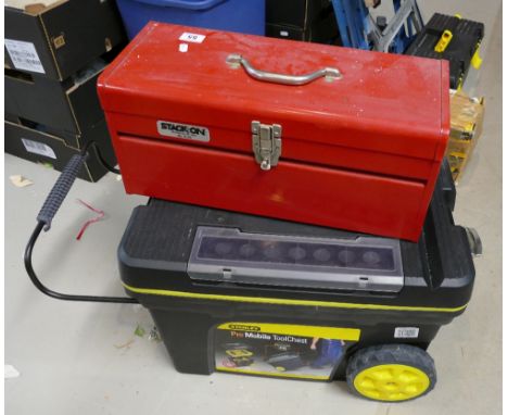 A large Stanley pro mobile tool chest together with smaller stack on red painted tool chest. (2)