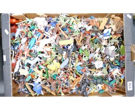 A large collection of plastic toys to include Army, knights, horses, some by Timpo toys, etc. 