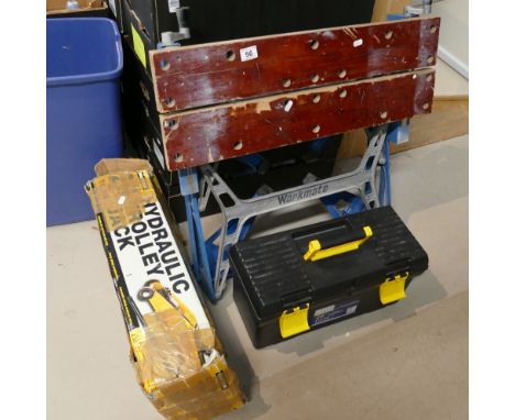 A mixed collection of items to include Black and Decker workmate, Halfords large 2.5 tonne trolley jack and two small torque 
