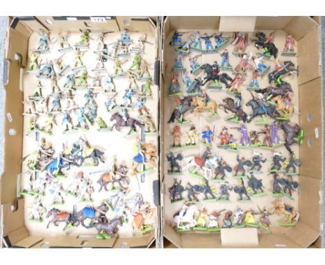 A collection of Britain's limited detail toys to include Knights in Armor on horses, army, Cowboys, Indians, etc. (2 trays) (