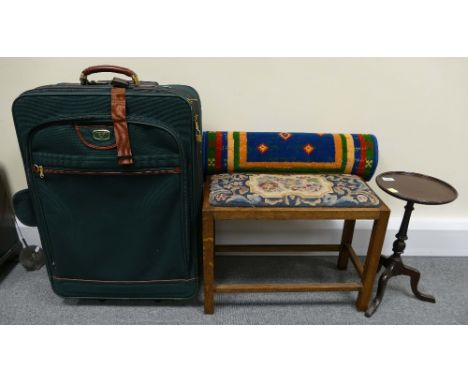 A mixed collection of items to include Antler suitcase, multi coloured carpet runner, small mahogany table and upholstered pi