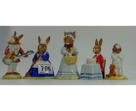 A collection of  Royal Doulton Bunnykins figures to include Mrs Bunnykins DB19, Happy Birthday DB21, Mr Bunnybeat DB16, Mrs B