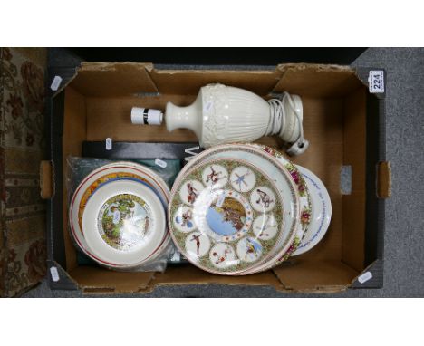 A mixed collection of items to include large Wedgwood creamware lamp base, together with Wedgwood commemorative and calendar 