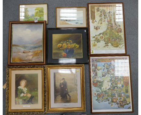 A collection of mixed media framed art works to include watercolours signed DMK, Welsh prints, advertising print bubbles, etc