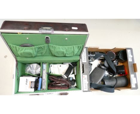 A collection of 35mm camera equipment to include Pentax program A auto camera, Makinon 75-150mm zoom lense, Itorex macro wide