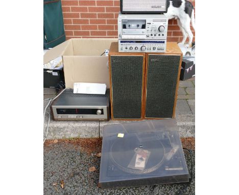 A mixed collection of items to include Dual model 505 turntable, Celestion ditton 120 speakers, small Iowa tape unit, Trio so