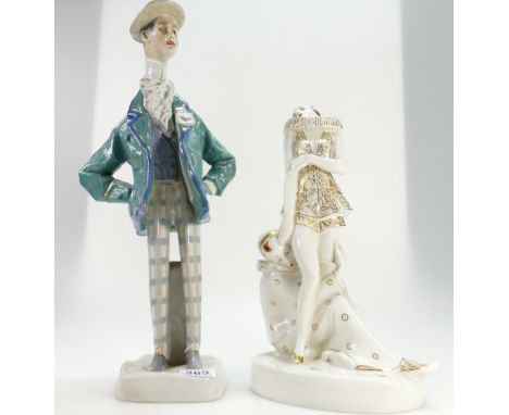 Large Amphora Pottery figure of stylized gentleman (45cm) and large continental pottery lamp base in the form of clowns(2), h