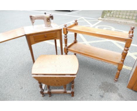 Singer sewing machine on single drawer table with a oak gate leg table and a 2 tier buffet side table. (3) 