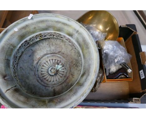 A collection of items to include brass Warmington scales, brass dog door stop, a No. 4 Stanley wood working plane and 14" met