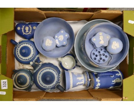 A good collection of Wedgwood jasperware to include teapots, lidded jugs, fruit bowls, trinket boxes, etc.