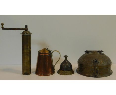 A collection of antique metal work items. Including a brass incense burner with hinged lid, a Turkish pepper grinder, an Indi