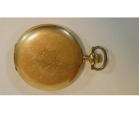 A gold plated pocket watch with engine turned design and shield shape cartouche, maker B. Reinin. White enamel dial with blac