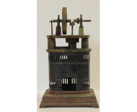 A late 19th/early 20th century model twin cylinder vertical hot air stationary compound engine, possibly by Carette, blued he