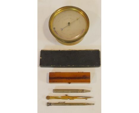 A brass cased barometer, a cased slide rule, a vintage cased thermometer, silver plated propelling pencils etc. 13x13cm 