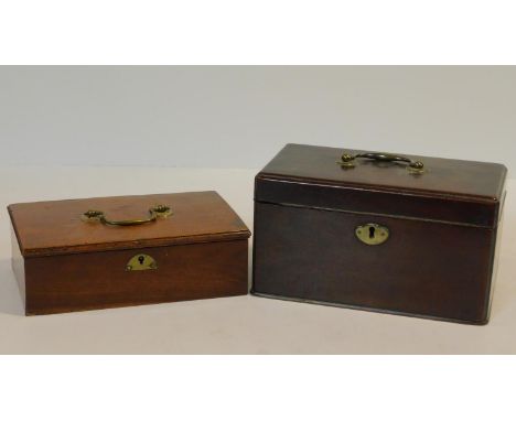 A Georgian mahogany three division tea caddy with brass carrying handle and a similar box. H.13 W.14 D.13cm (tallest) 