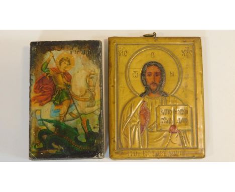 Two antique religious Russian icons on panel. One open like a book with a printed religious scene depicted on each surface, g