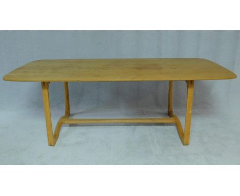 A mid century vintage light elm refectory style dining table on stretchered supports. H.72 W.198 D.80cm 