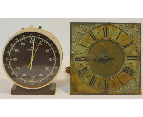 A vintage desk top stop clock along with a 19th century longcase clock brass dial and movement. 26x26cm 