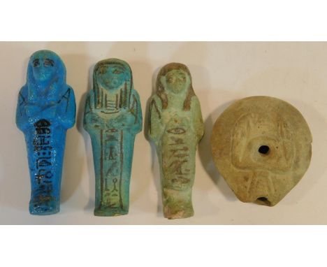 Three Egyptian style glazed faience Ushabti of typical sarcophagus form with lines of Hieroglyphs along with a Roman style cl