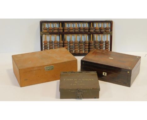 A vintage abacus, a 19th century rosewood mother of pearl inlaid jewellery box and two other boxes, one metal with writing. H