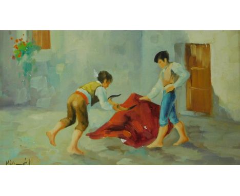 A gilt framed oil on canvas, Spanish children playing, signed. 30x42cm 