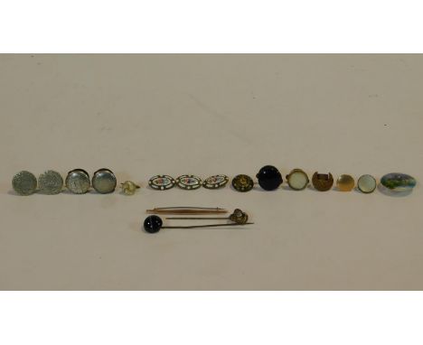 A collection of buttons and studs, mother of pearl carved knot, four french enamel buttons, a hand painted porclelain stud wi