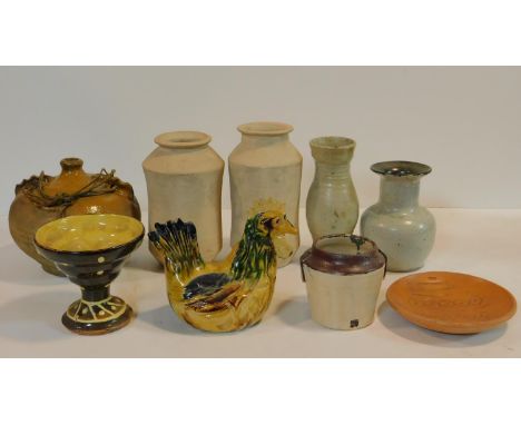 A miscellaneous collection of studio pottery, various jars, a bowl, ceramic chicken and a stoneware bottle flask. H.23cm (tal