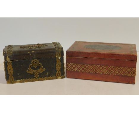A 19th century two section tea caddy with gesso mounts and a 19th century Tunbridgeware box with micro mosaic inlay. H.11 W.2