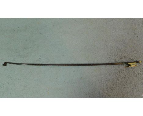A snake wood effect, ivorine and abalone violin bow. It has an ivorine frog inlaid with abalone shell and ivorine screw finia