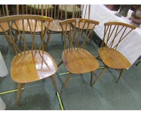 ERCOL STYLE, set of 3 bar and spindle back light wood kitchen chairs 
