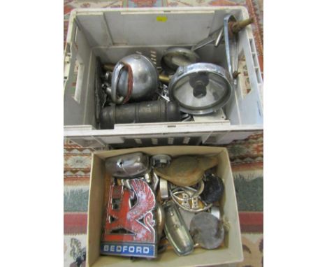 VINTAGE CAR PARTS, 2 boxes including  MG items, Lucas bulb holder and car badges 
