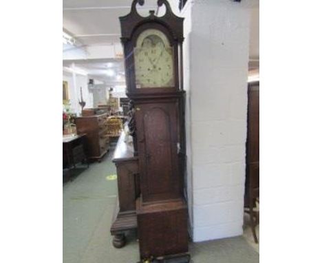 EARLY 19th CENTURY 8 DAY LONGCASE CLOCK, painted break arch face with inset maritime window, marquetry inlaid oak casing, wit