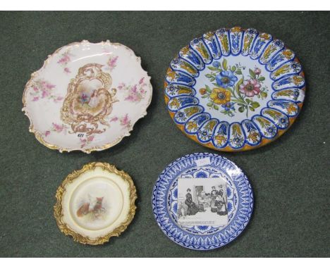 GIBSON GIRLS, Royal Doulton plate, also Limoge-style floral and gilt bordered charger, 39cm diameter, Spanish majolica floral