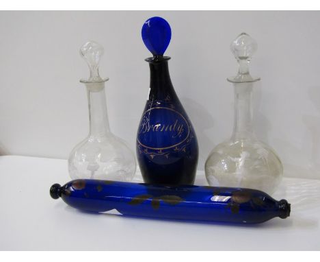 GEORGIAN BRISTOL BLUE BRANDY DECANTER &amp; STOPPER; also pair of Mary Gregory decanters and Bristol blue glass rolling pin 