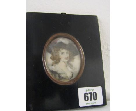 ANTIQUE OVAL MINIATURE PORTRAIT, "Young Lady With Plumed Headress"