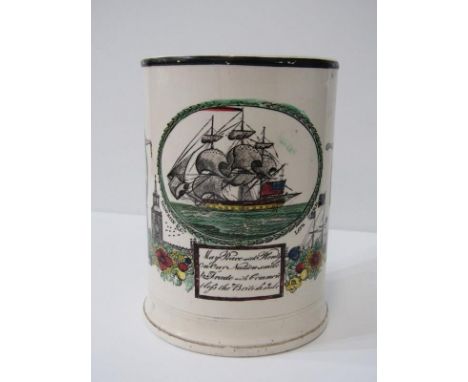 GEORGIAN CREAMWARE, frog mug by Dawson, "Peace and Plenty" enamel transfer, (hairline crack), 15cm height 