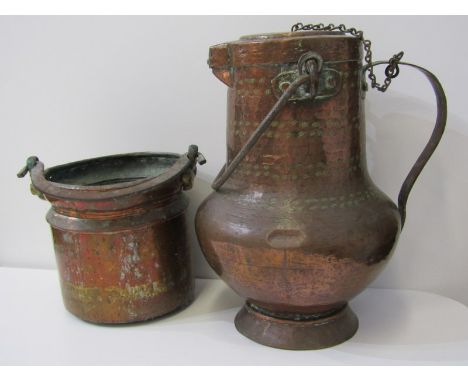 ETHNIC METALWARE, copper swing handled pitcher and 1 other swing handled cooking pot 