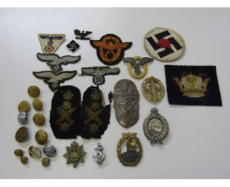MILITARY, collection of assorted German and other military badges, buttons and related items contained in vintage McVitie &am