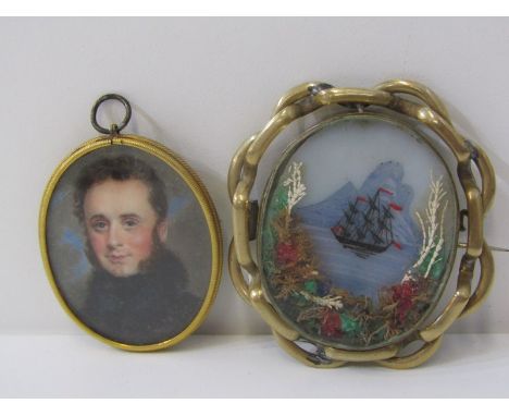 2 ANTIQUE BROOCHES, 1 portrait of Young Gentleman sporting fabulous sideburns, other a multi media image of a tall ship rever