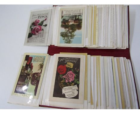 VINTAGE BIRTHDAY CARDS, collection of 80 hand tinted postcards in modern red album 