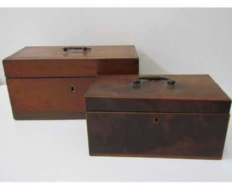 ANTIQUE TEA CADDIES, Georgian satinwood triple section tea caddy, 29cm width; together with Georgian mahogany triple section 